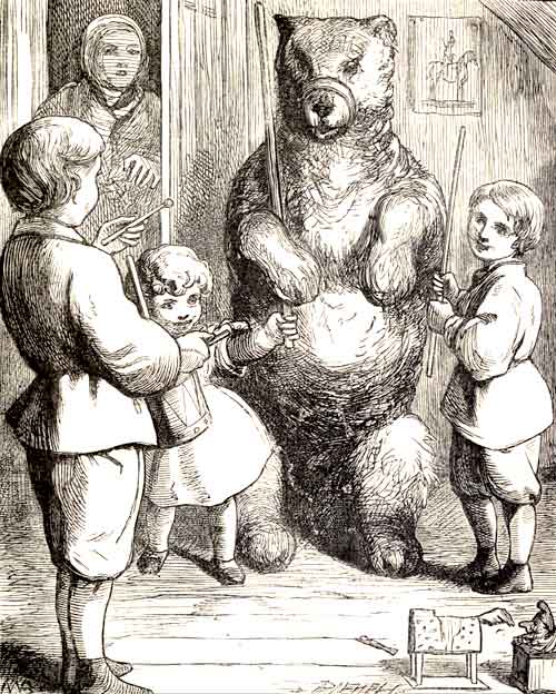 THE BEAR PLAYING AT SOLDIERS WITH THE CHILDREN.