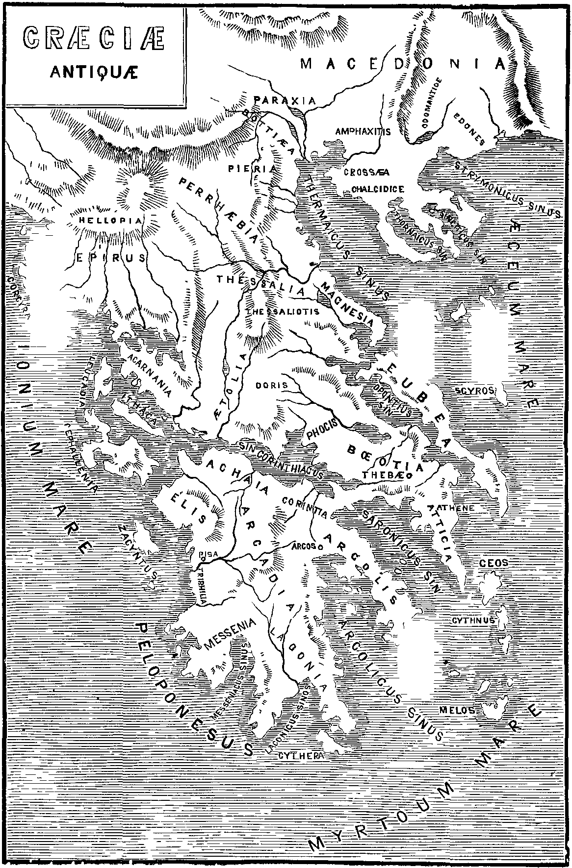 Illustration: Map, titled "Graeciae Antiquae".